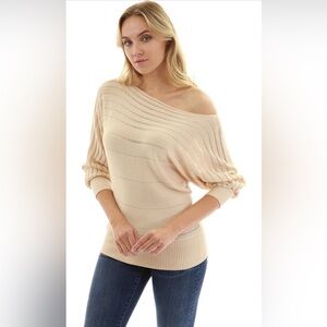 NWOT PattyBoutik Women's On/Off One Shoulder Semi-Sheer Sweater (Beige M)